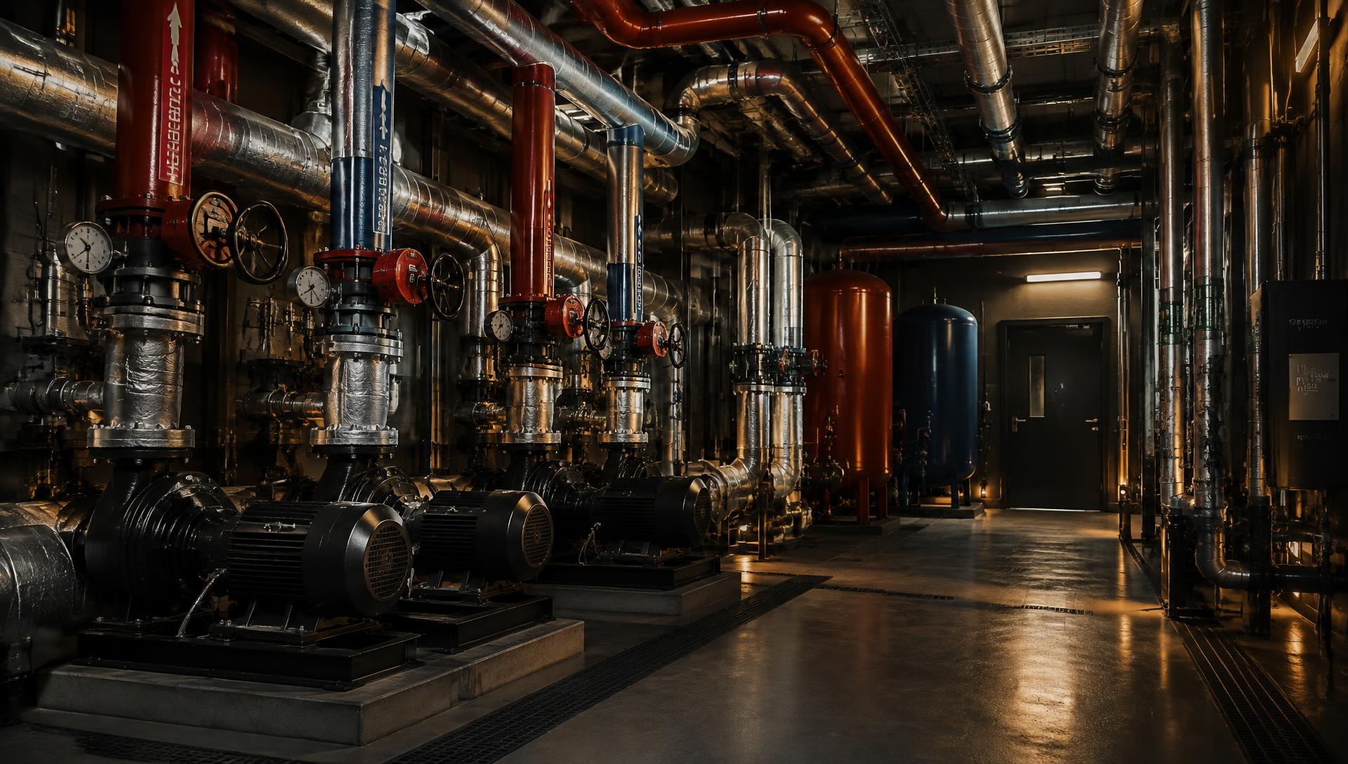 Organised steel pipework, pumps and valves in a commercial plant room