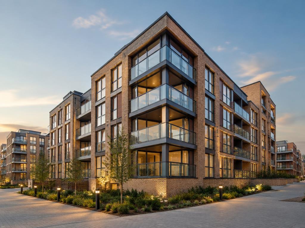 Modern brick and glass apartment development at sunset