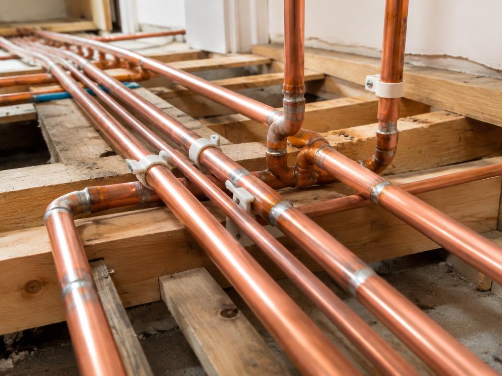 Neatly clipped copper heating and water pipework running between floor joists in a house