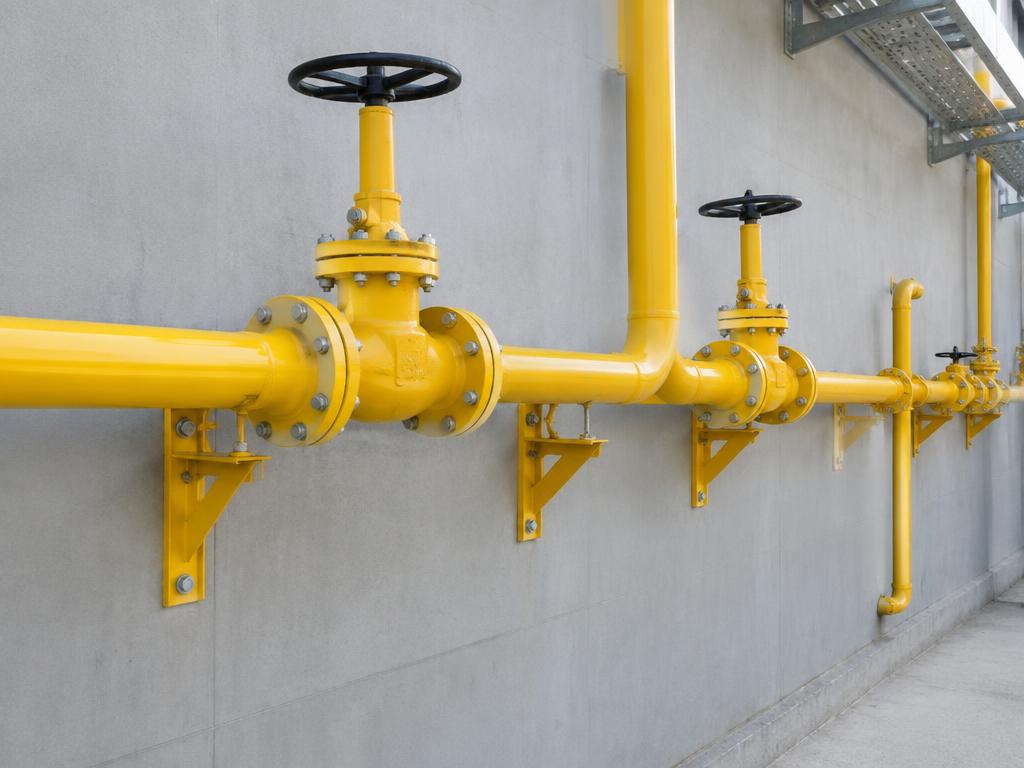 Yellow painted steel gas pipework with isolation valves fixed to a plant room wall
